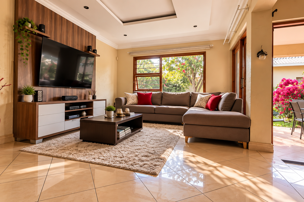 Spacious living room featuring polished tile flooring, a modern built-in media wall, and seamless access to an outdoor patio area through sliding glass doors.