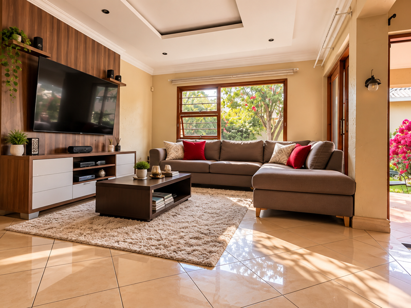 Spacious living room featuring polished tile flooring, a modern built-in media wall, and seamless access to an outdoor patio area through sliding glass doors.
