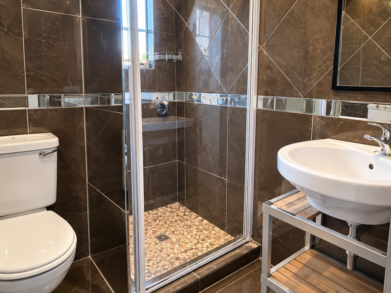 Modern bathroom featuring dark marble-style wall and floor tiles, a walk-in shower with pebble flooring, a white toilet, and a contemporary pedestal washbasin.