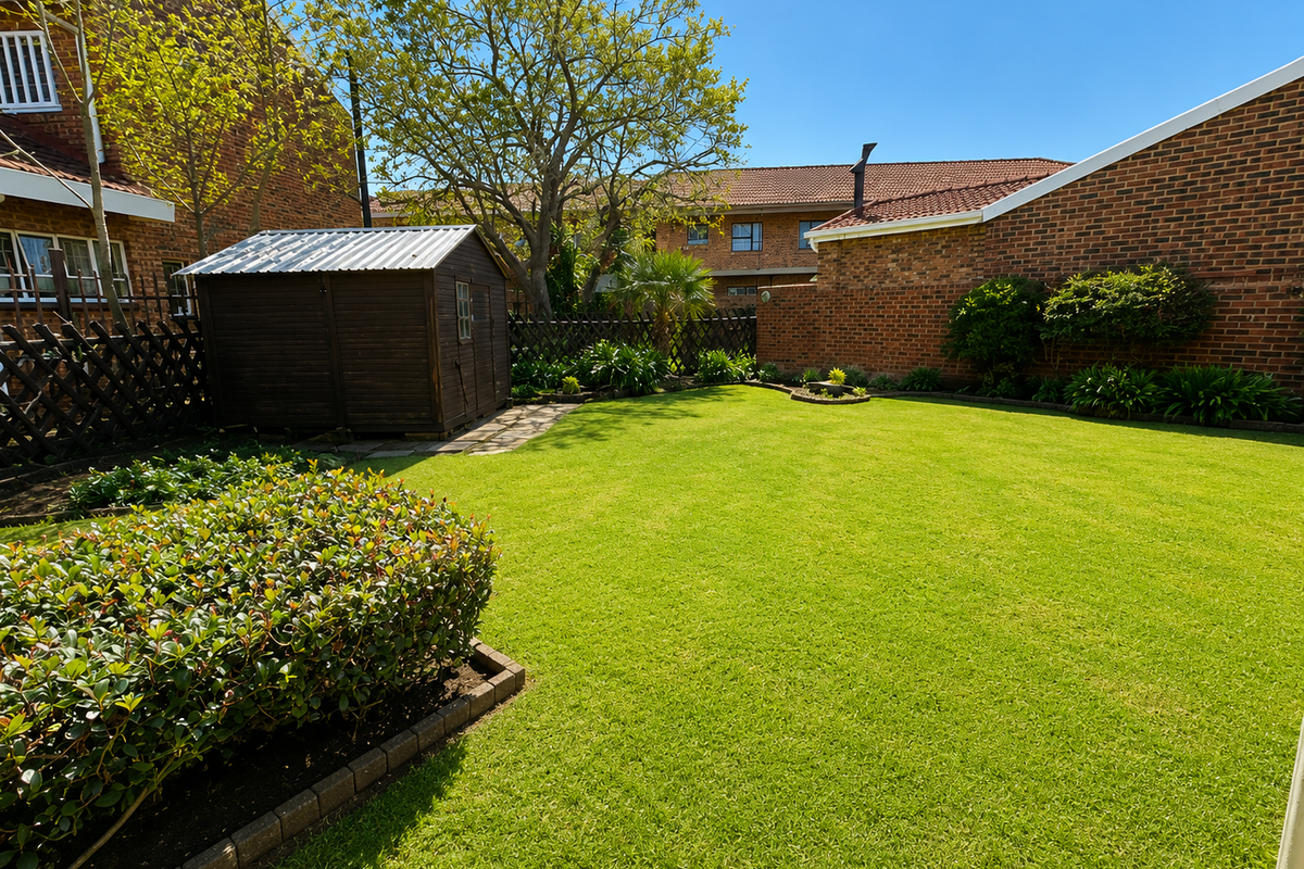 A well-maintained rear garden featuring a lush green lawn, brick boundary walls, a garden shed, and established perimeter landscaping.