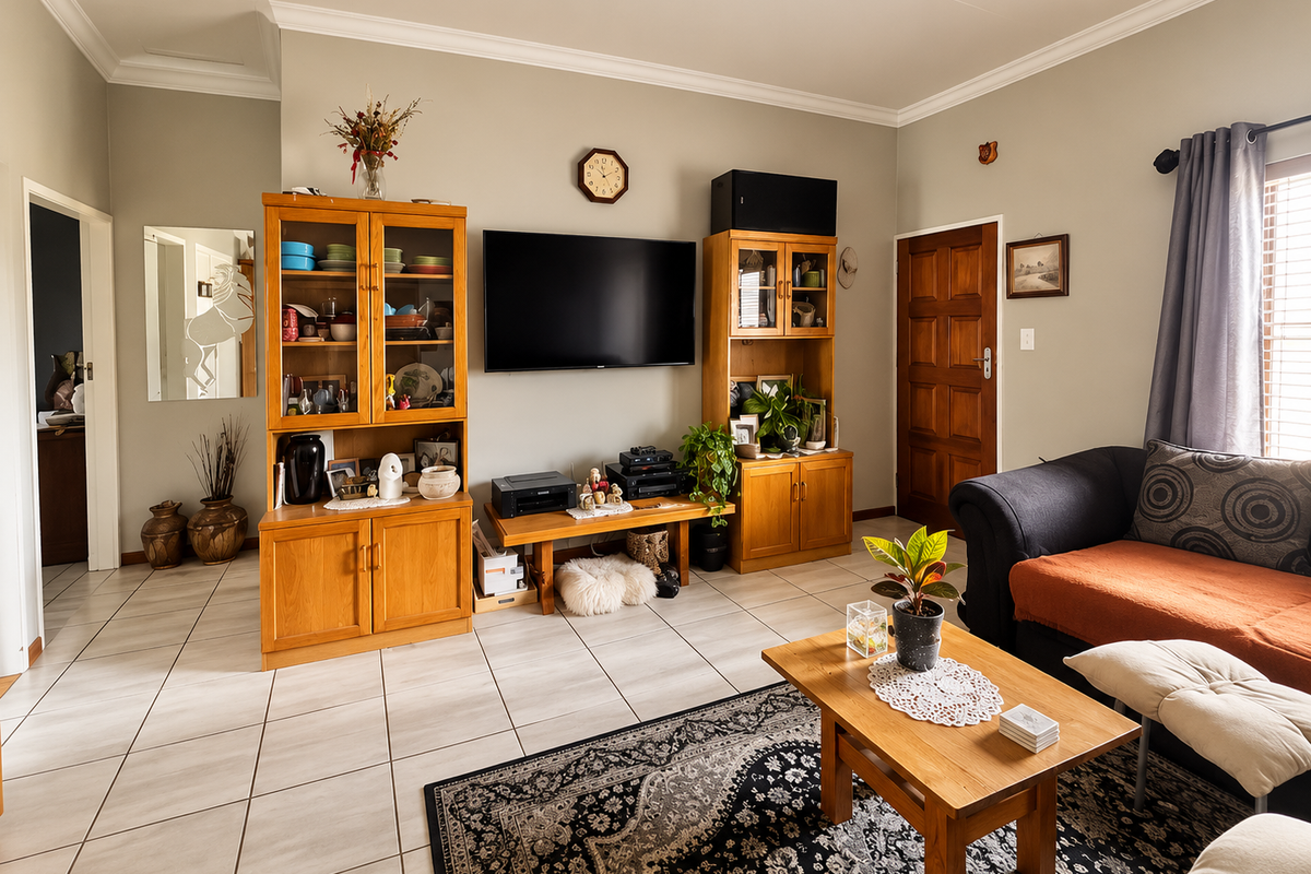 A comfortable living room featuring neutral wall tones, ceramic tiled flooring, and classic coved ceiling cornicing, providing a functional and well-maintained living space.