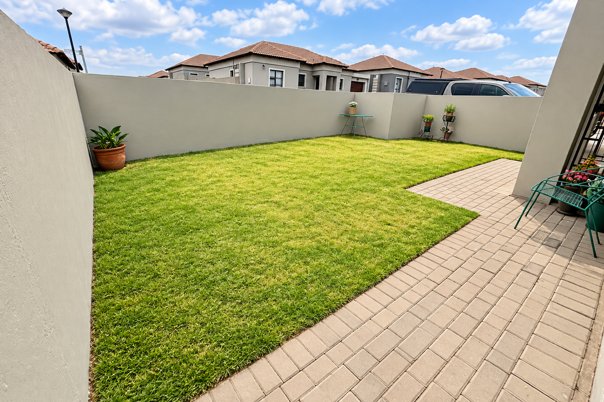 A private rear garden featuring a well-maintained lawn and a paved patio area, enclosed by high perimeter boundary walls.