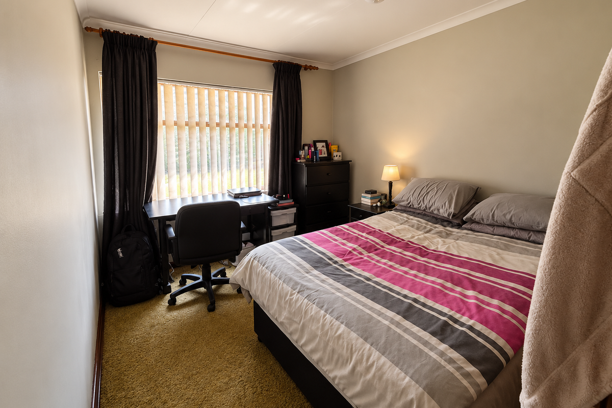 A functional bedroom featuring carpet flooring, vertical window blinds, and cove cornicing, providing a comfortable and practical living space.