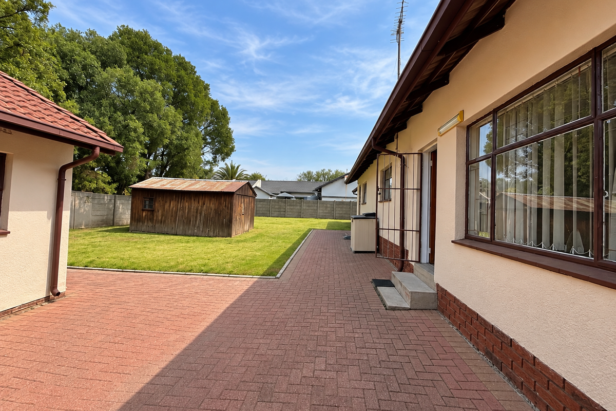 A spacious rear exterior featuring a paved patio area, a well-maintained lawn, and a detached wooden storage shed enclosed by a precast boundary wall.