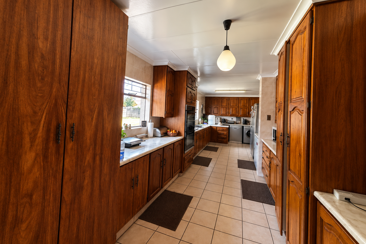 Spacious kitchen featuring extensive wooden cabinetry, stone countertops, built-in oven, and ceramic tile flooring in a functional galley layout.