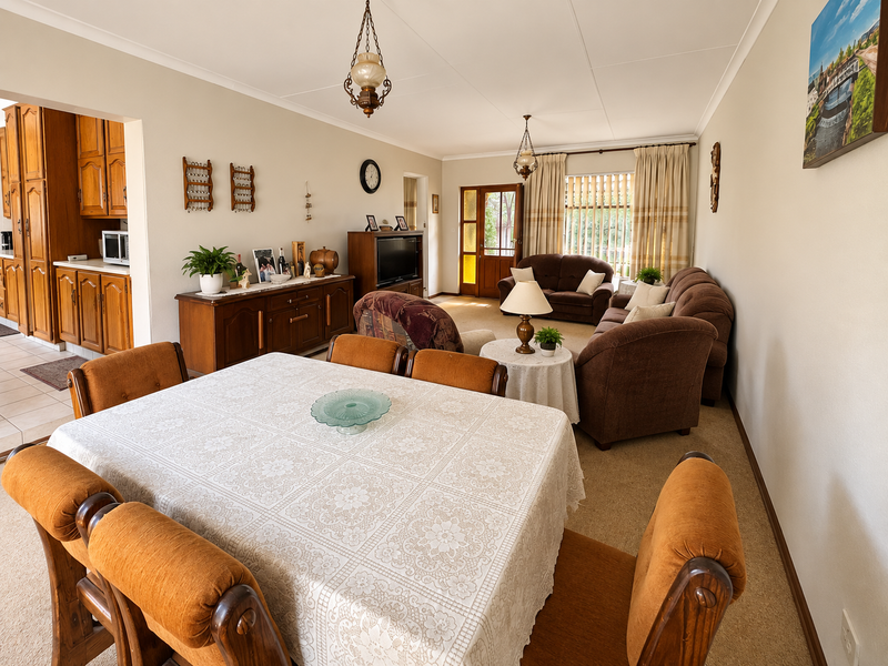 Spacious open-plan living and dining area featuring neutral walls, carpeted flooring, and an adjacent kitchen with traditional wooden cabinetry.