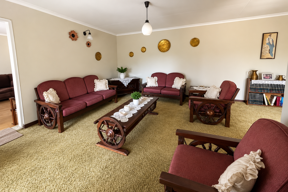 A spacious living room featuring neutral wall tones, carpeted flooring, and classic lighting fixtures, offering a comfortable and traditional living environment.