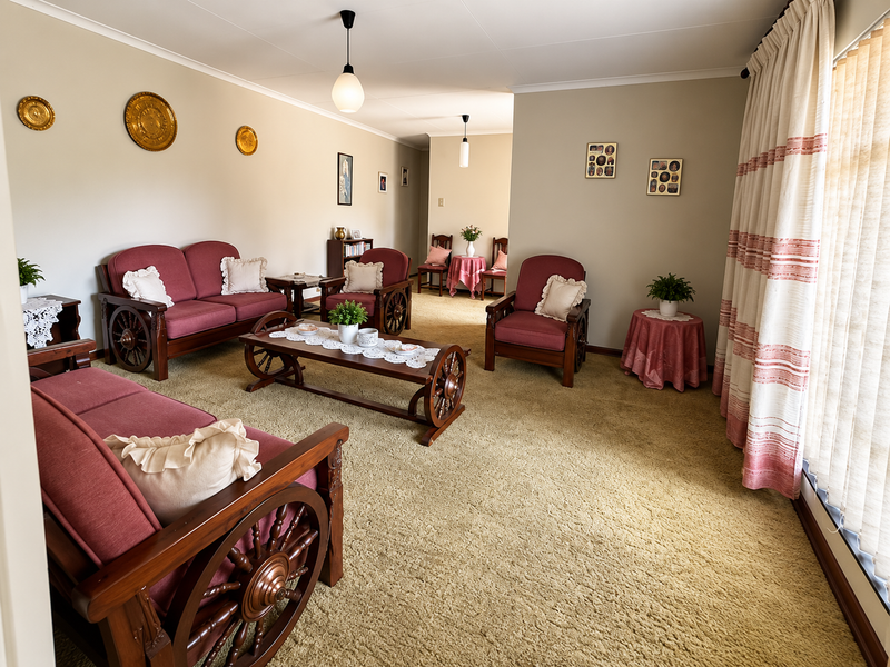 A spacious living room featuring neutral walls, carpeted flooring, and large windows with curtains, offering a comfortable and traditional living space.