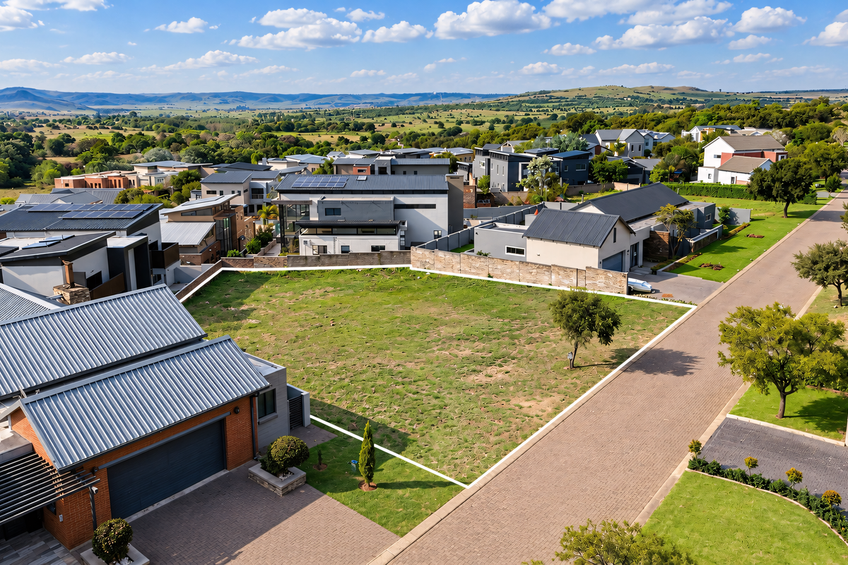 An aerial view of a vacant residential plot situated within a developed estate, featuring established boundary walls and adjacent paved access.