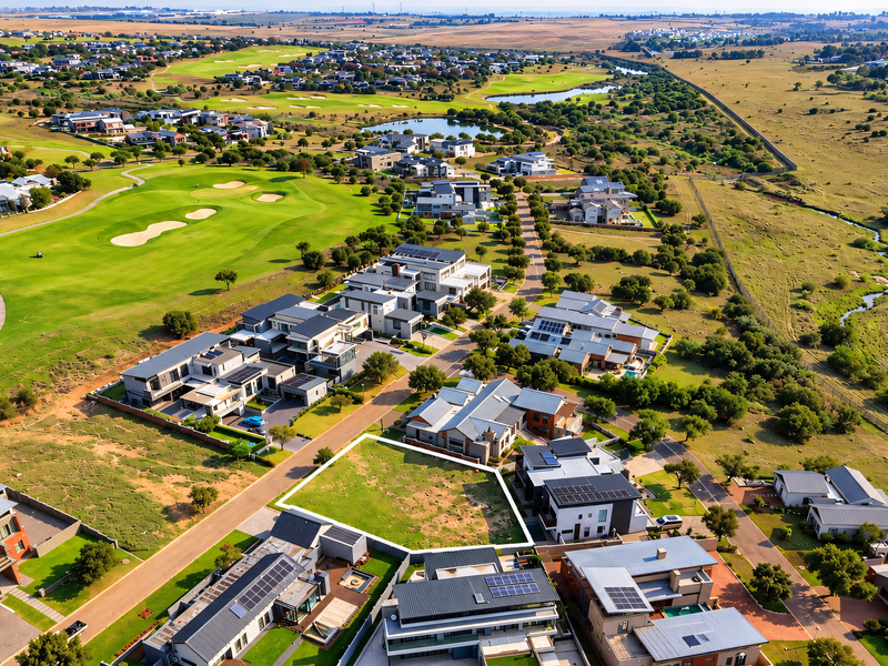 An aerial view of a vacant residential plot situated within a developed golf estate, showcasing the surrounding landscape and neighborhood infrastructure.