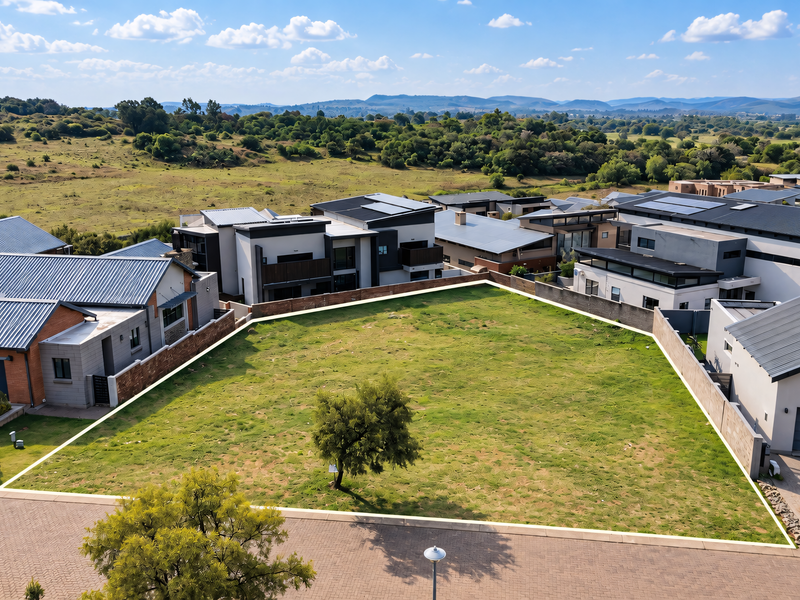 An aerial view of a vacant residential plot situated within a developed estate, featuring clear boundary lines and surrounding modern residential properties.