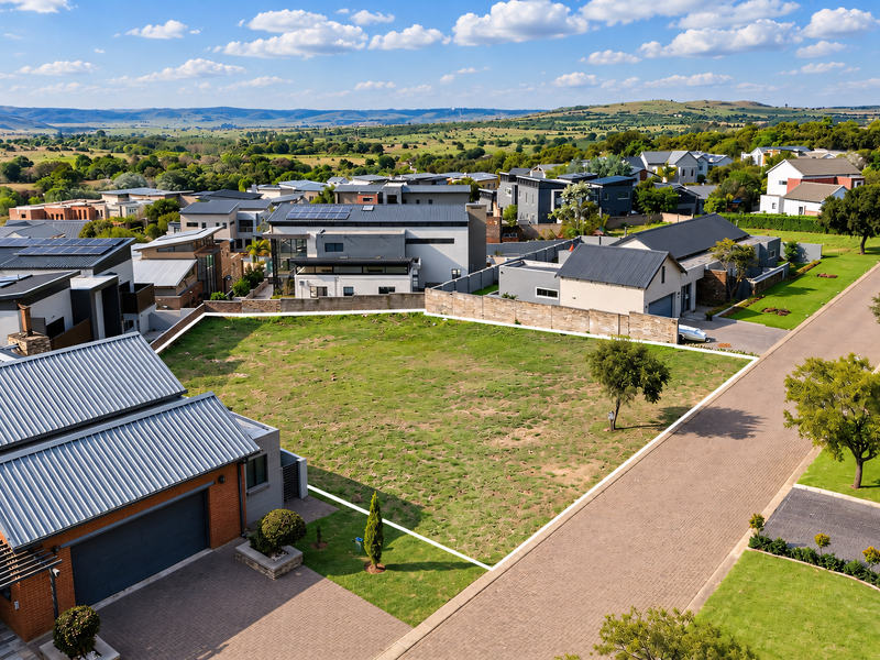 An aerial view of a vacant residential plot situated within a developed estate, featuring established boundary walls and adjacent paved access.