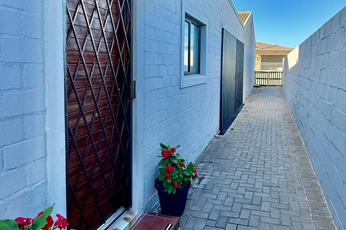 A side walkway featuring paved flooring, a secure entrance door with a protective awning, and a boundary wall.