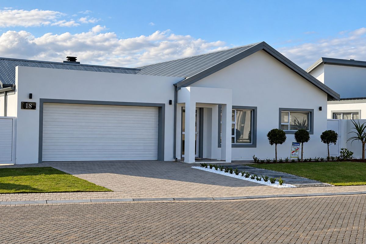 Modern single-story residential home featuring a clean white facade, grey metal roof, paved driveway, and a well-maintained front garden.