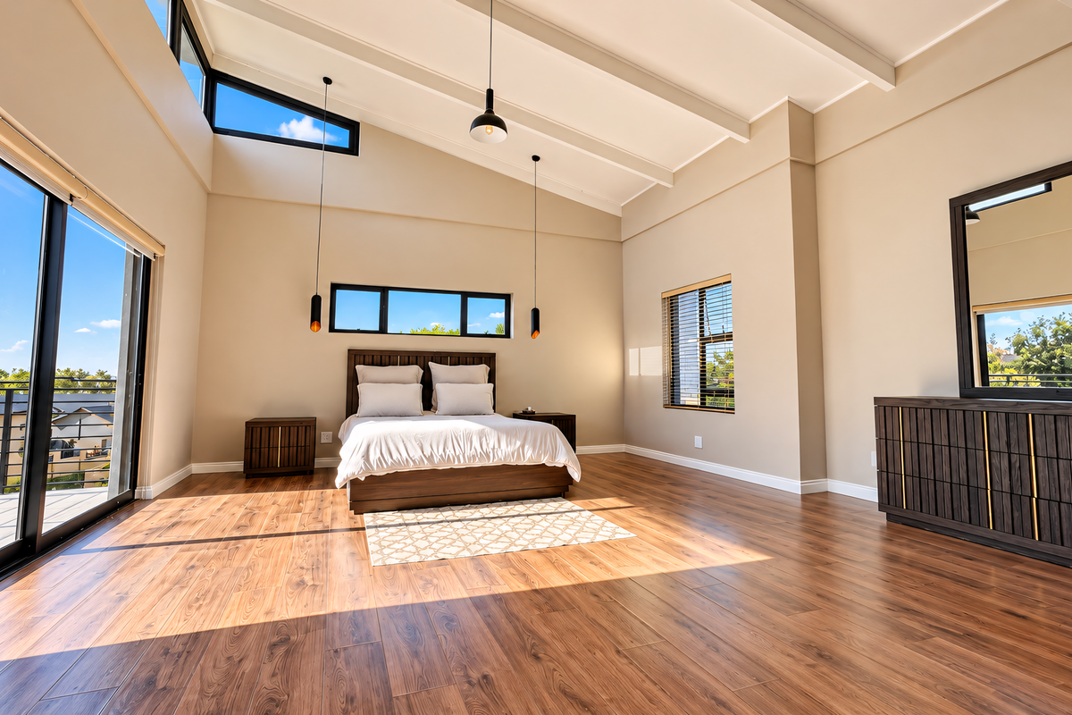 Spacious bedroom featuring vaulted ceilings with exposed beams, large sliding glass doors leading to a balcony, and modern clerestory windows for natural light.
