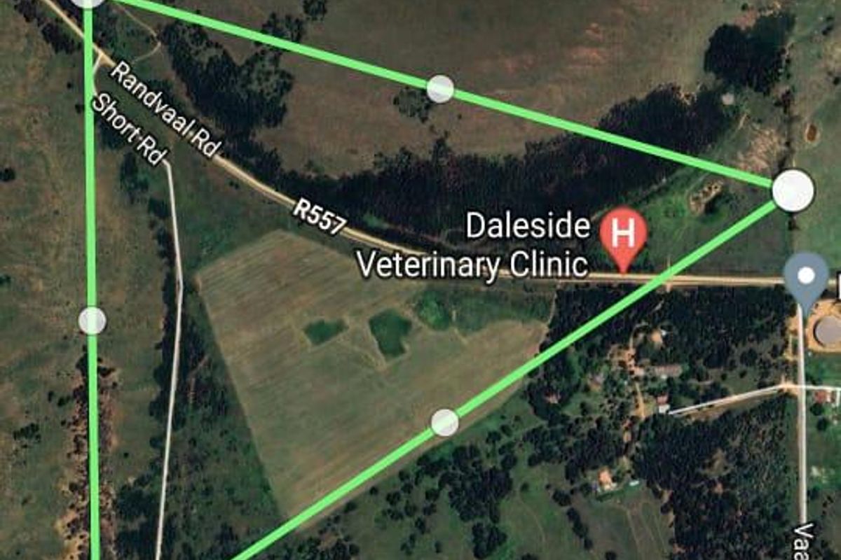 An aerial map view showing the property boundaries and surrounding rural landscape near Daleside Veterinary Clinic.