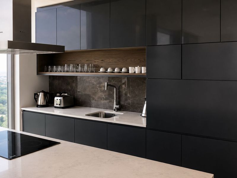 Modern kitchen featuring sleek dark cabinetry, stone countertops, integrated induction hob, and a stainless steel extractor fan with panoramic city views.