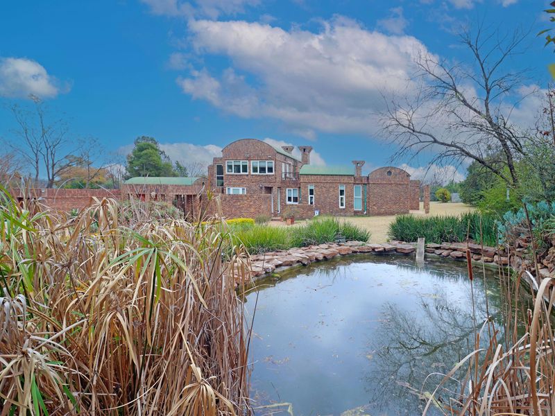 A rear view of a unique brick house featuring a natural pond, landscaped garden, and architectural detailing under a clear blue sky.