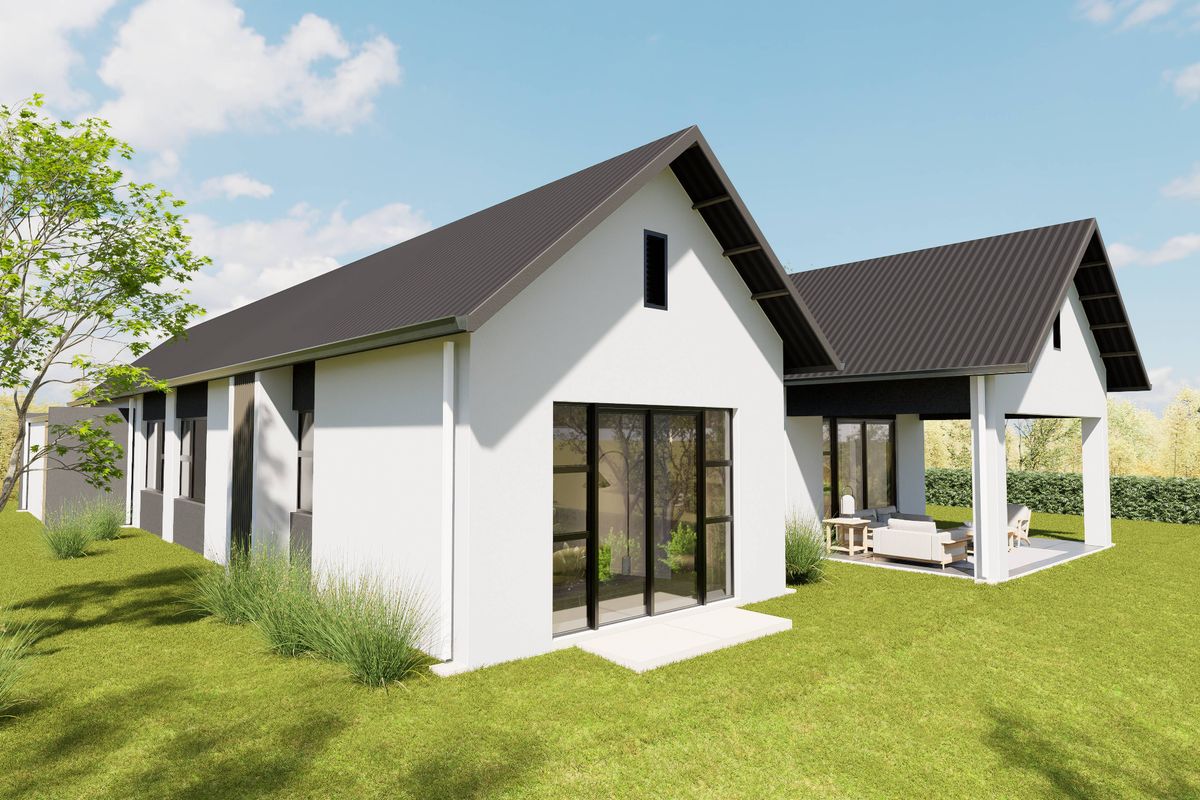 A modern residential exterior featuring a pitched corrugated metal roof, white facade, and a covered patio area with sliding glass doors.