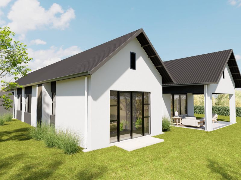 A modern residential exterior featuring a pitched corrugated metal roof, white facade, and a covered patio area with sliding glass doors.