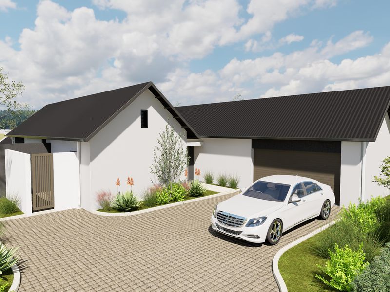 A modern architectural rendering of a house exterior featuring a clean white facade, dark corrugated metal roofing, and a paved driveway.