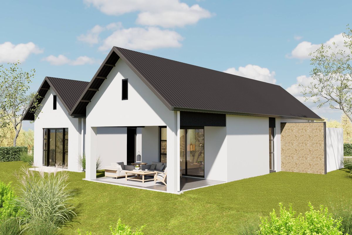 A modern residential exterior featuring a covered patio, dark metal roofing, and stone cladding accents, set within a landscaped garden.