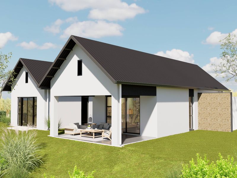 A modern residential exterior featuring a covered patio, dark metal roofing, and stone cladding accents, set within a landscaped garden.