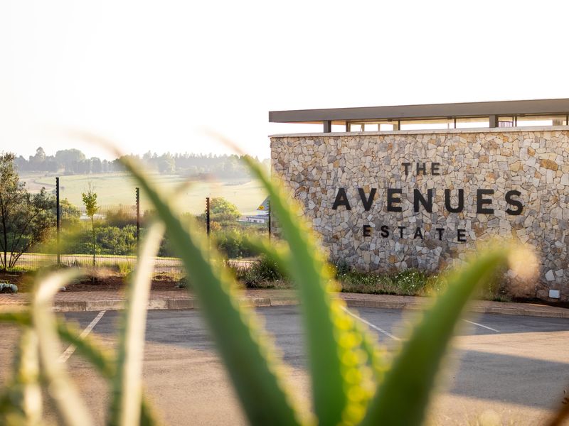 The entrance to The Avenues Estate featuring a prominent stone-clad wall, paved driveway, and secure perimeter fencing.