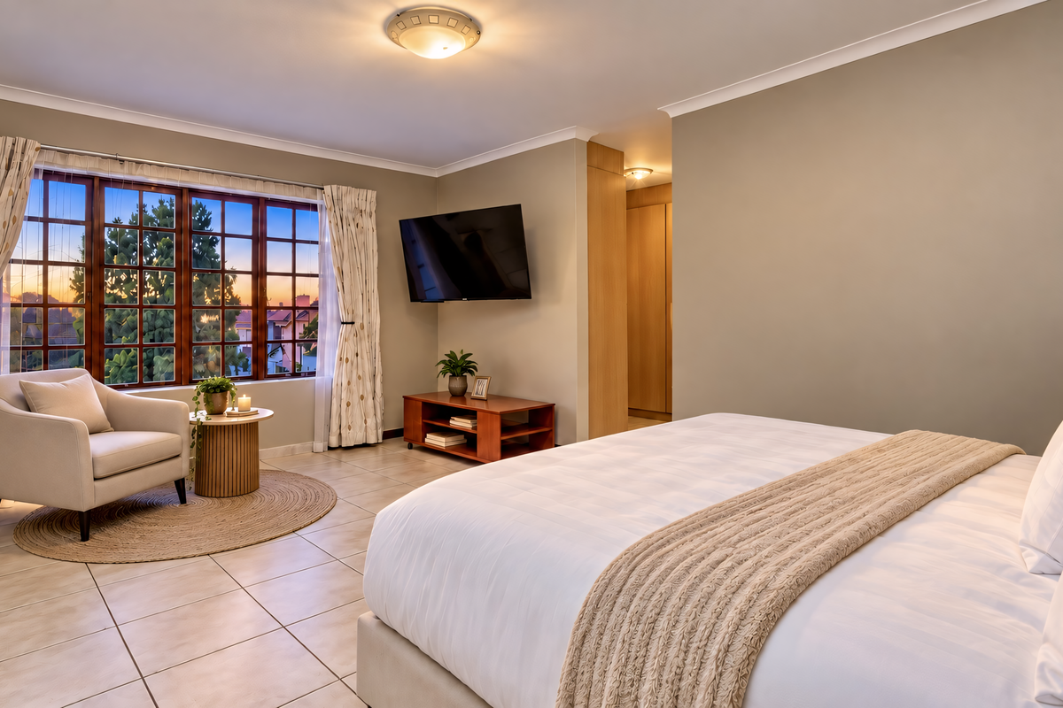 Spacious bedroom featuring tiled flooring, built-in cupboards, and a large window with sunset views.
