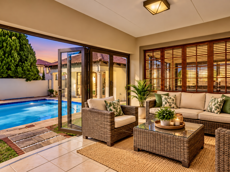 A beautifully maintained covered patio featuring tiled flooring, bi-fold doors, and wooden shutters, offering seamless indoor-outdoor flow to the adjacent swimming pool area.