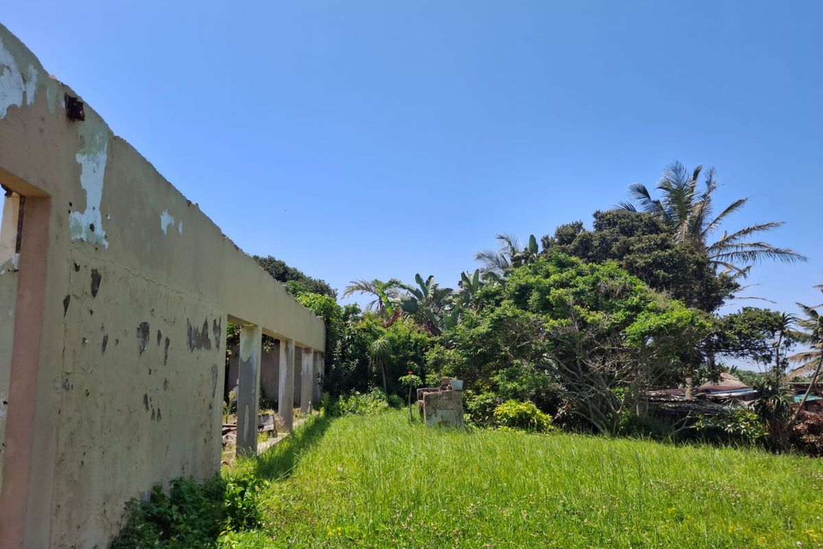 A view of a residential plot featuring a weathered, deteriorating concrete wall structure set against an overgrown garden area.