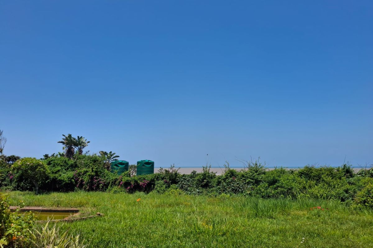 A scenic view overlooking a grassy plot with established vegetation and water storage tanks, offering a clear horizon line.