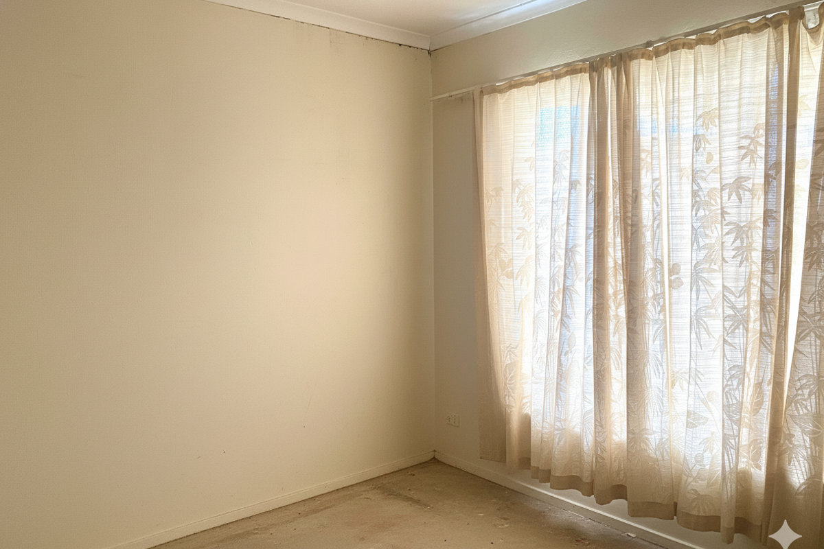 An empty bedroom featuring neutral walls, a curtain rail, and worn flooring, offering a blank canvas for renovation and interior design updates.