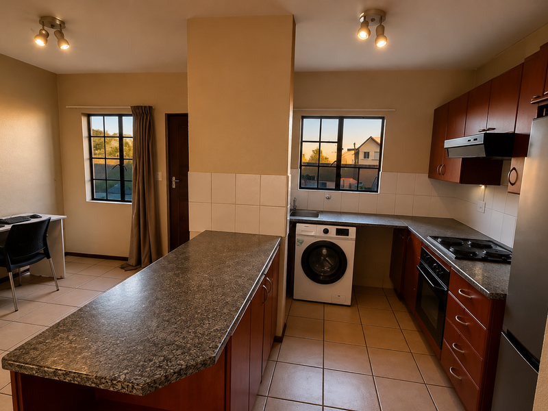 Open-plan kitchen and workspace featuring wood-finish cabinetry, laminate countertops, tiled flooring, and integrated appliances, offering a functional layout with natural light.