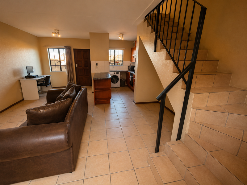 Open-plan living area featuring tiled floors, a staircase with metal railing, and a functional kitchen with built-in cabinetry and appliances.