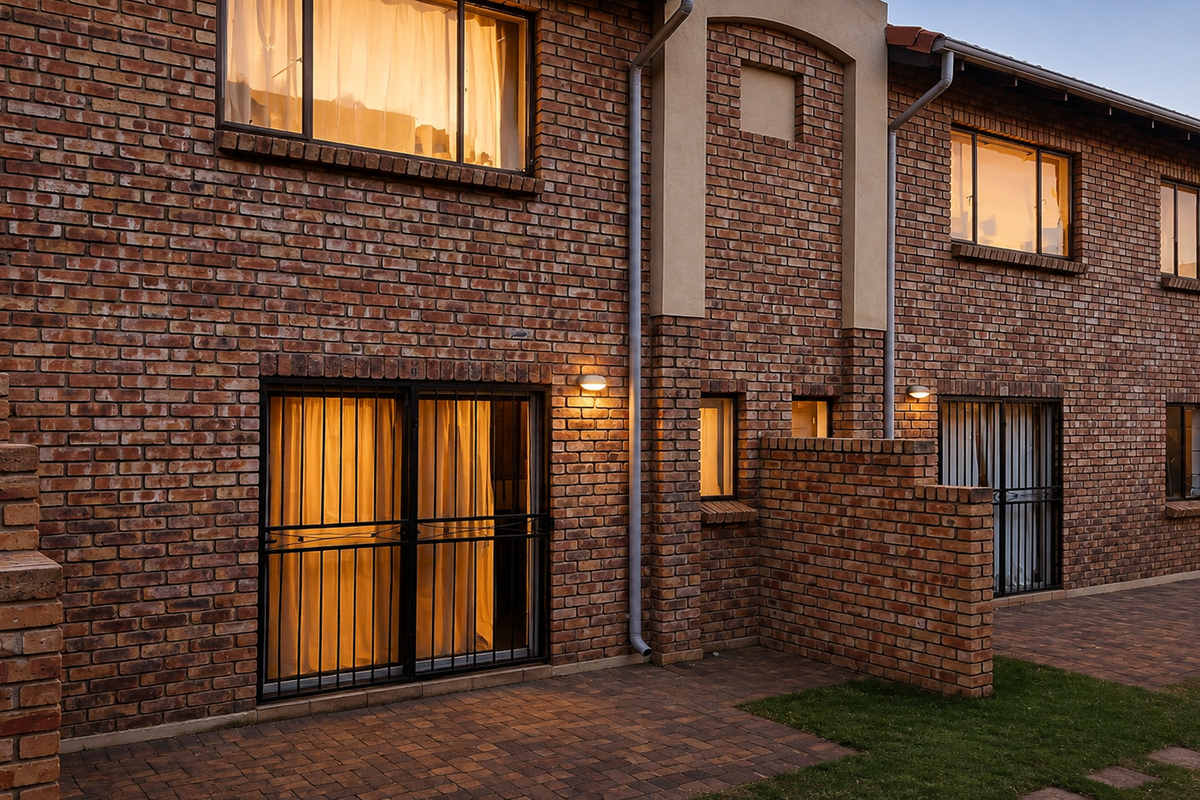Rear view of a townhouse featuring a face brick facade, paved patio areas, and secure access points with exterior lighting.
