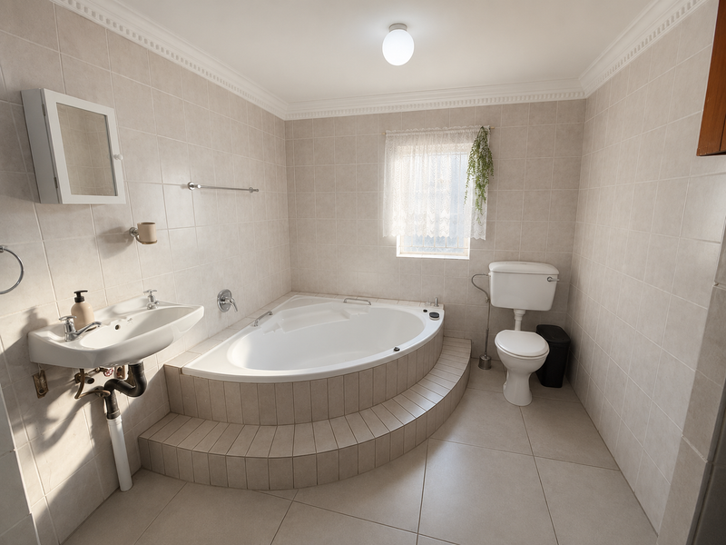 A functional bathroom featuring a corner bathtub, pedestal basin, and toilet with neutral wall and floor tiling throughout.