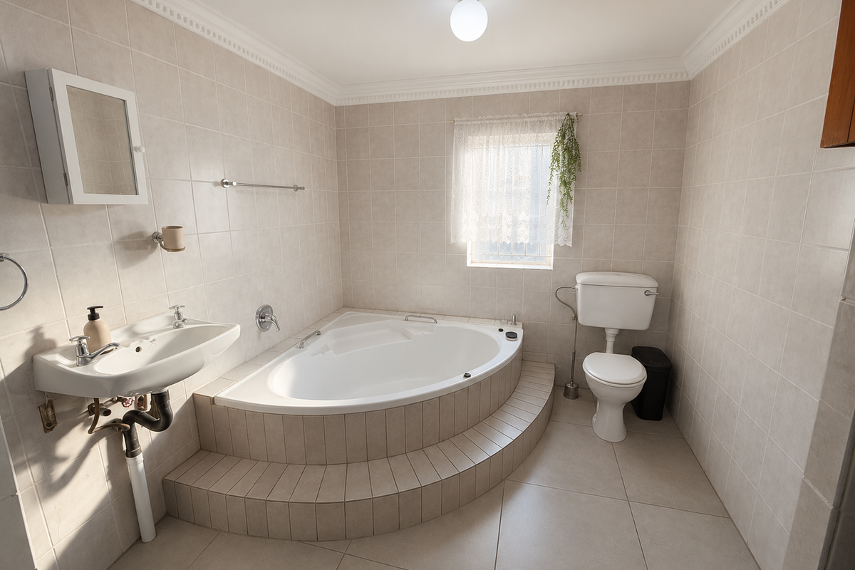 A functional bathroom featuring a corner bathtub, pedestal basin, and toilet with neutral wall and floor tiling throughout.