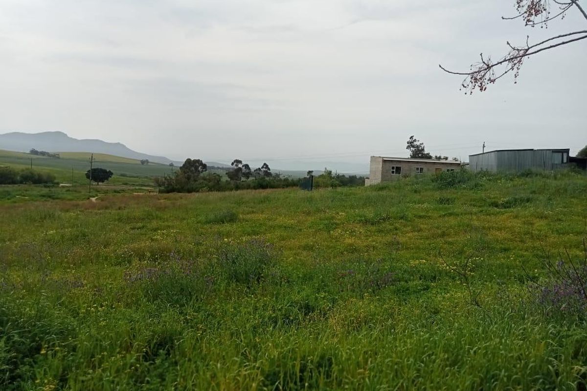 A view of a vacant residential plot featuring natural grassland, distant mountain scenery, and existing small outbuildings on the property.