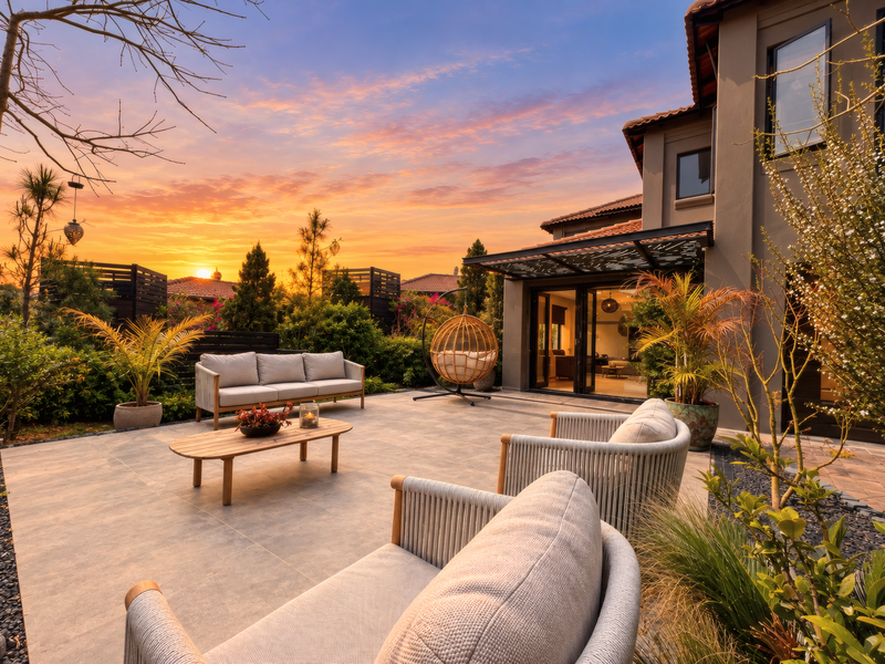 A beautifully landscaped rear patio featuring tiled flooring, a modern metal pergola, and seamless access to the interior living space at sunset.