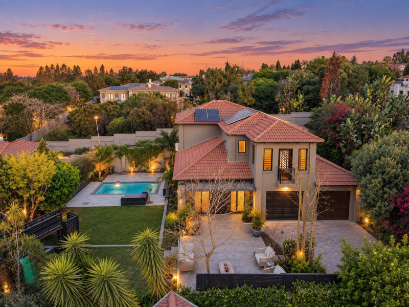 Aerial view of a modern townhouse featuring a tiled roof, solar panels, private swimming pool, paved driveway, and double garage at sunset.