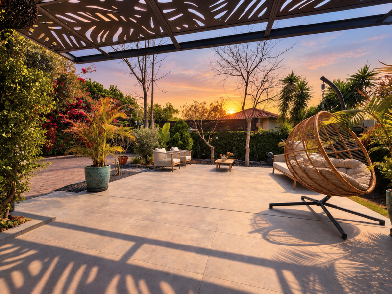 A beautifully landscaped outdoor patio area featuring a decorative metal pergola, large format floor tiles, and a sunset view over the garden.