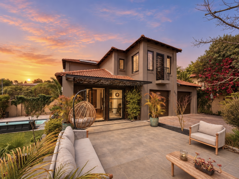 A beautifully maintained townhouse exterior featuring a paved patio, swimming pool, double garage, and a balcony, set against a scenic sunset backdrop.