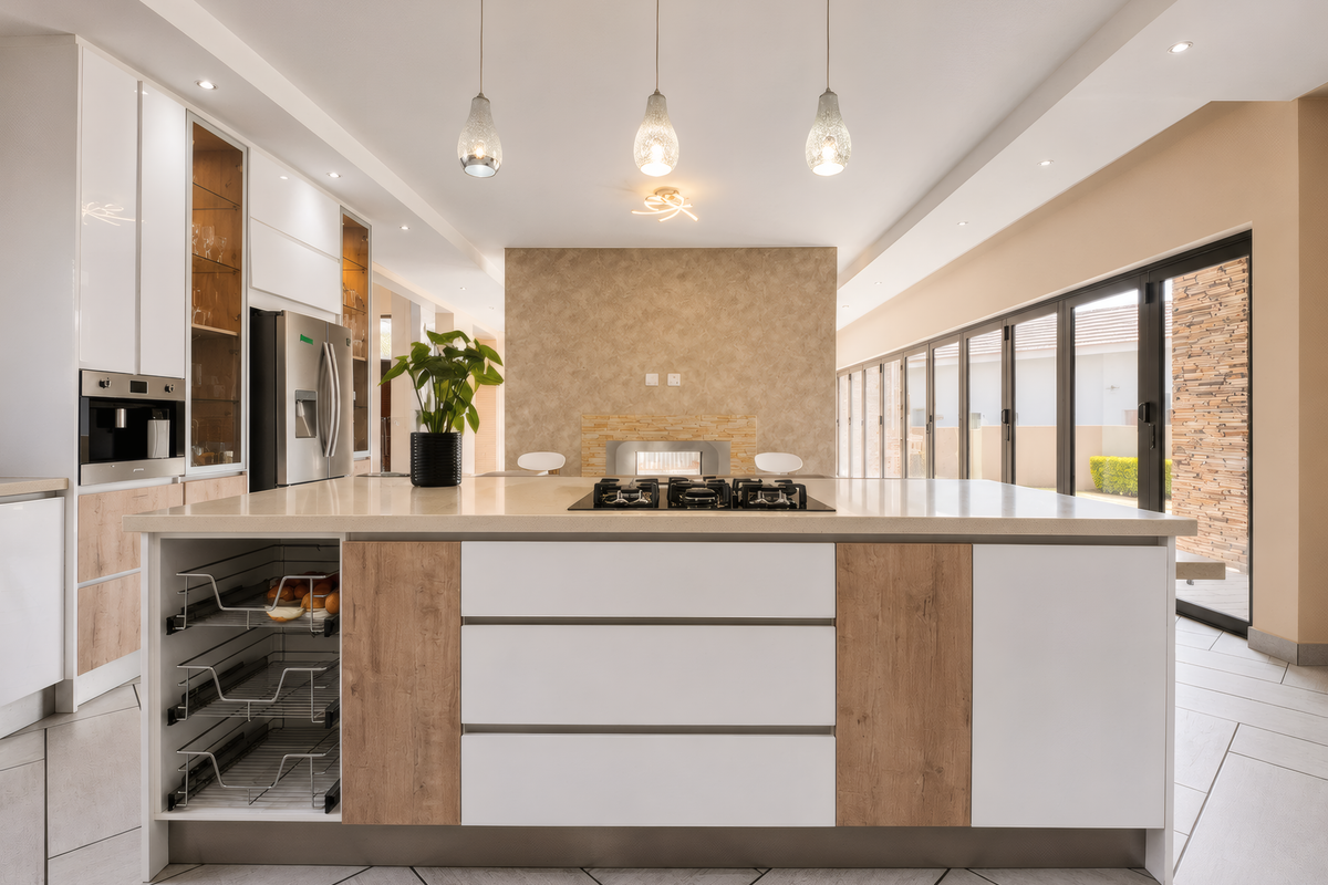 Modern kitchen featuring a large central island with integrated gas cooktop, high-end built-in appliances, and seamless access to the outdoor patio area.