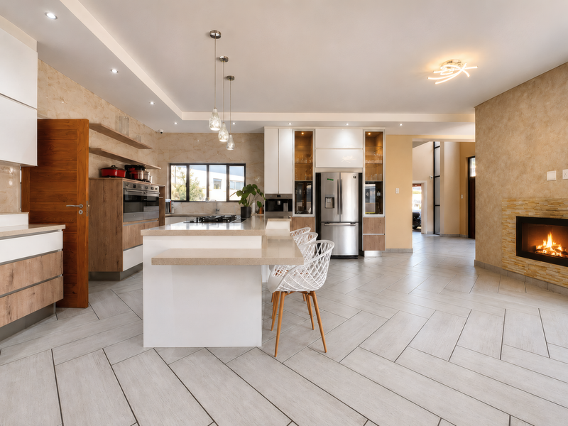 Modern open-plan kitchen featuring a central island, built-in appliances, sleek cabinetry, and a cozy fireplace, finished with contemporary stone tile flooring.