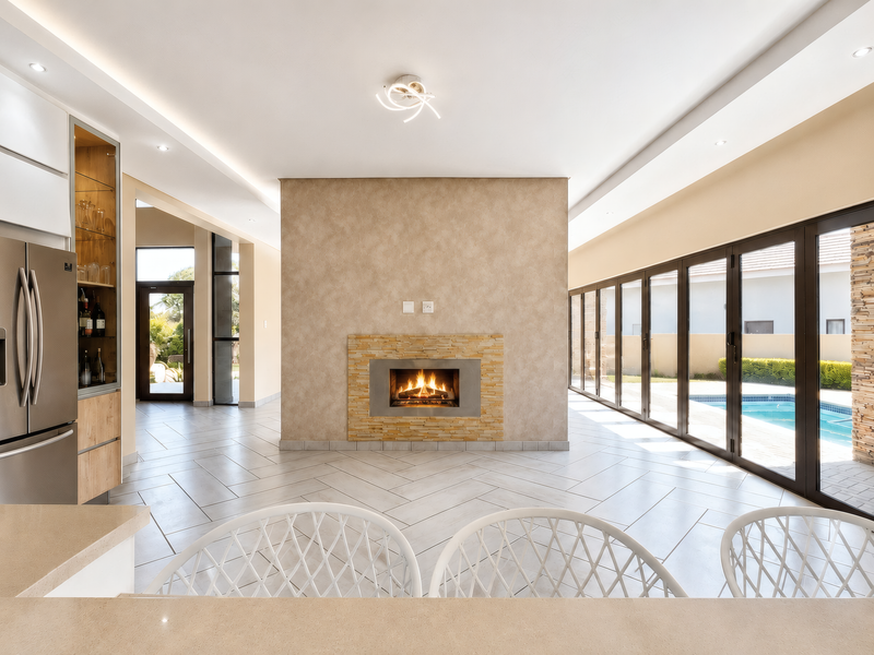 Spacious open-plan living area featuring a central stone-clad fireplace, large sliding glass doors opening to the pool area, and modern tiled flooring.