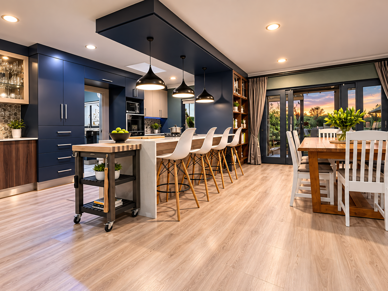 Modern open-plan kitchen and dining area featuring dark blue cabinetry, a central island with breakfast bar, and seamless access to the outdoor patio.
