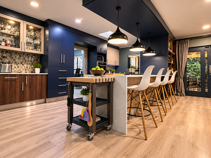 Modern open-plan kitchen featuring dark blue cabinetry, a stone island with breakfast bar seating, and high-quality laminate flooring leading to an outdoor patio area.