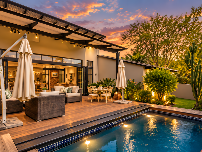 A beautifully landscaped outdoor pool area featuring timber decking, a covered patio with bi-fold doors, and integrated lighting, perfect for evening relaxation.