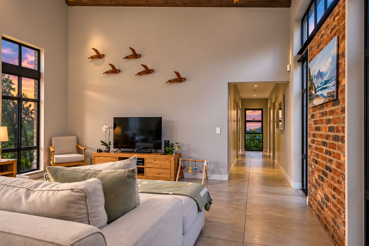 Spacious living room featuring high ceilings with exposed timber beams, a striking brick feature wall, and large windows offering scenic sunset views.